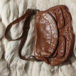 Brown vegan leather messenger style purse